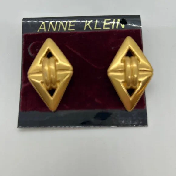 Vintage Anne Klein Earrings Brushed Gold-Tone, Diamond Shape Pierced Statement - Picture 8 of 13
